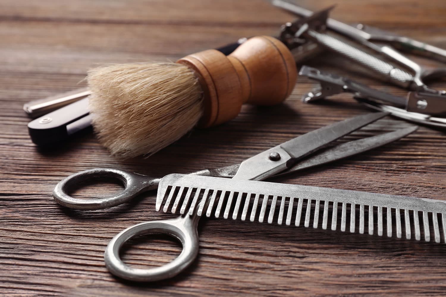 Shears, comb, and shaving brush